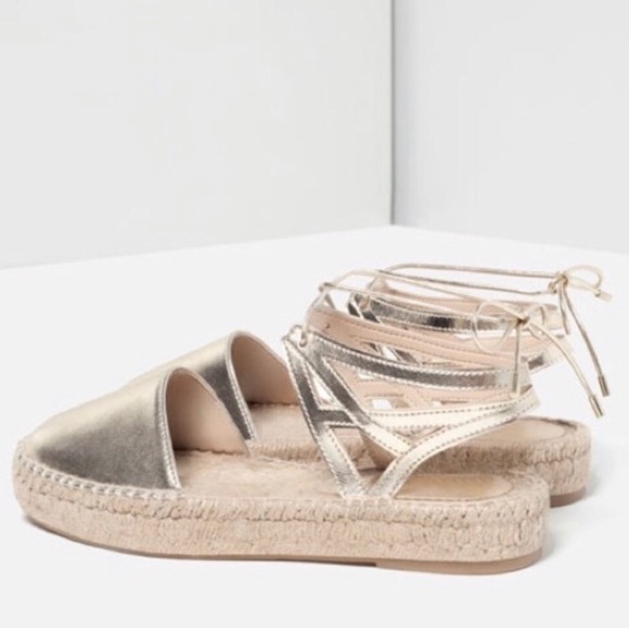 ZARA Basic Collection Gold Lace Up Espadrille, 6.5 - Picture 2 of 9
